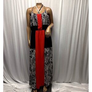 Maurices Maxi Dress Womens Sz Large Black Orange-Red Colorblock Racerback